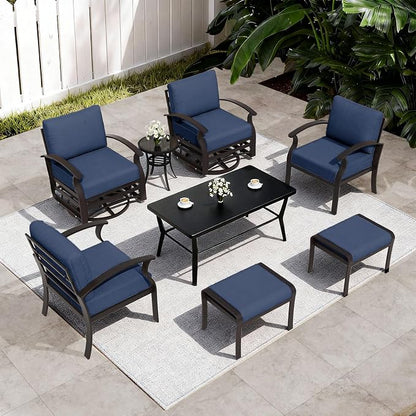 ALAULM Aluminum Patio Furniture Set with Coffee Table Rectangular, 6-seat Outdoor Sectional Furniture w/Swivel Chairs and 2 Ottomans, Patio Conversation Set for Porch, Backyard, Poolside-Dark Blue