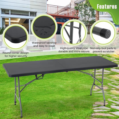 PayLessHere 6ft Folding Tables,Plastic Resin Table with Collapsible Alloy Steel Frame,Plastic Table for Indoor,Outdoor,Camping,BBQ,Picnic,Black
