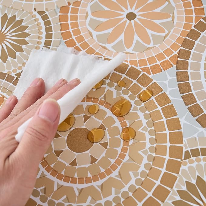 LIBERECOO Round Fitted Tablecloth with Elastic, Flannel Backed Vinyl Tablecloths for 45" - 56" Tables, Waterproof Wipeable Reusable Plastic Table Cloth for Indoor & Outdoor, Boho Sunburst Medallion