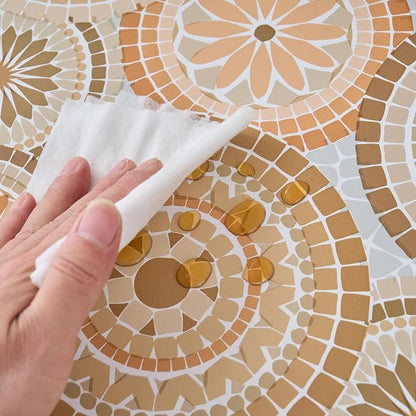 LIBERECOO Round Fitted Tablecloth with Elastic, Flannel Backed Vinyl Tablecloths for 45" - 56" Tables, Waterproof Wipeable Reusable Plastic Table Cloth for Indoor & Outdoor, Boho Sunburst Medallion