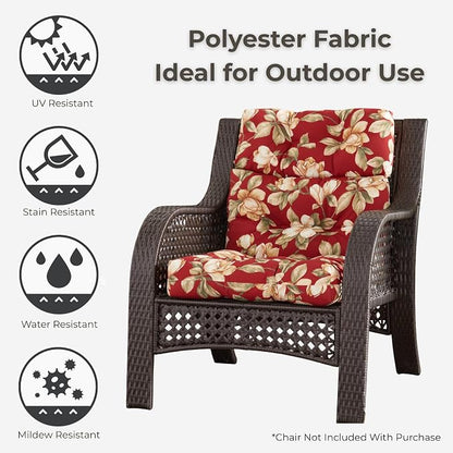 Outdoor Tufted High-Back Chair Cushions, One-Piece Hinged Seat and Back Design, Reversible with 4 Ties, Durable Polyester Fabric, Recycled Fiber Fill - Set of 2, Roma Floral
