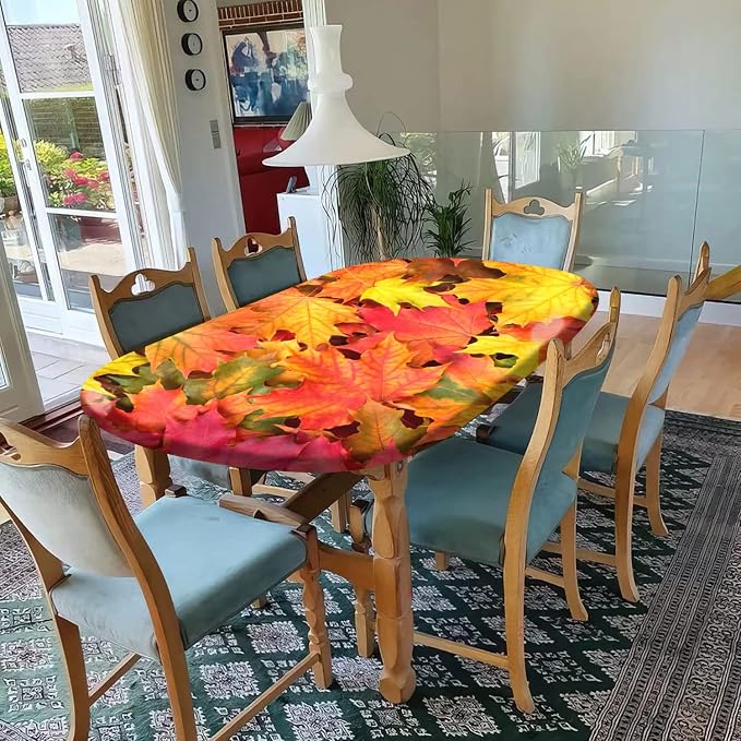Autumn Oval Maple Leavs Fitted Table Covers, Fall Orange Yellow Leafs Pattern Print Oblong Tablecloths, Fits to 48x68 In Tables, Elastic Edged Table Cloth for Thanksgiving Day Outdoor Party and Patio