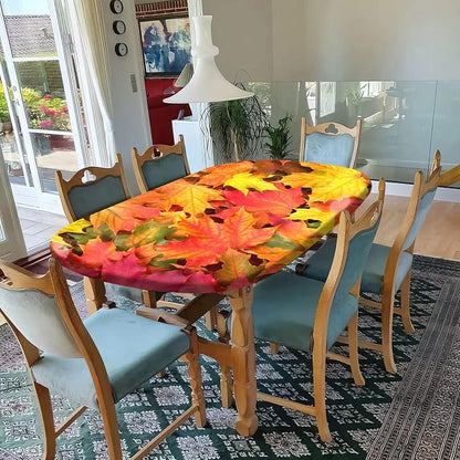 Autumn Oval Maple Leavs Fitted Table Covers, Fall Orange Yellow Leafs Pattern Print Oblong Tablecloths, Fits to 48x68 In Tables, Elastic Edged Table Cloth for Thanksgiving Day Outdoor Party and Patio