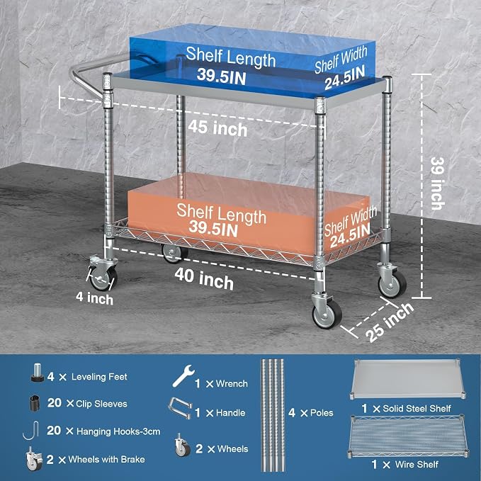 Utility Tool Cart with Wheel, 45In Large Rolling Utility Carts with Handle | 2 Tier Heavy Duty Commercial Grade Metal Serving Storage Carts for Warehouse Garage Kitchen, 25" D x 45" W x 40" H-Silver