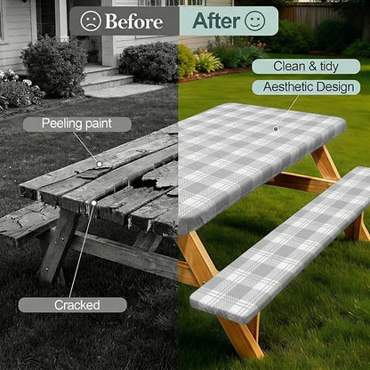 Picnic Table Cover Bench Covers Camping Essentials Tablecloth | Waterproof Vinyl for Outdoor, Windproof Elastic Fitted Edges, RV BBQ Accessories Must Haves, Storage Bag Included