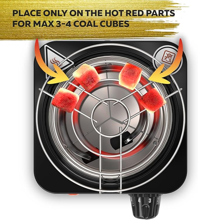 PRO Hookah Coal Burner for Hookah Cubes 500W with grid – BLACK HEAT Charcoal Burner Electric for Shisha with grill & FREE Hooka Tongs - Strong Durable 304 Steel Coil