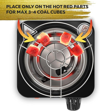PRO Hookah Coal Burner for Hookah Cubes 500W with grid – BLACK HEAT Charcoal Burner Electric for Shisha with grill & FREE Hooka Tongs - Strong Durable 304 Steel Coil