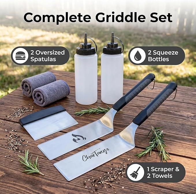 7-Piece Blackstone Griddle Set, 3mm Stainless Steel Grill Tools with Spatulas, Scraper, Oil Bottles & 2 Towels, Heavy Duty Flat Top Grill Accessories Compatible with Camp Chef Hibachi