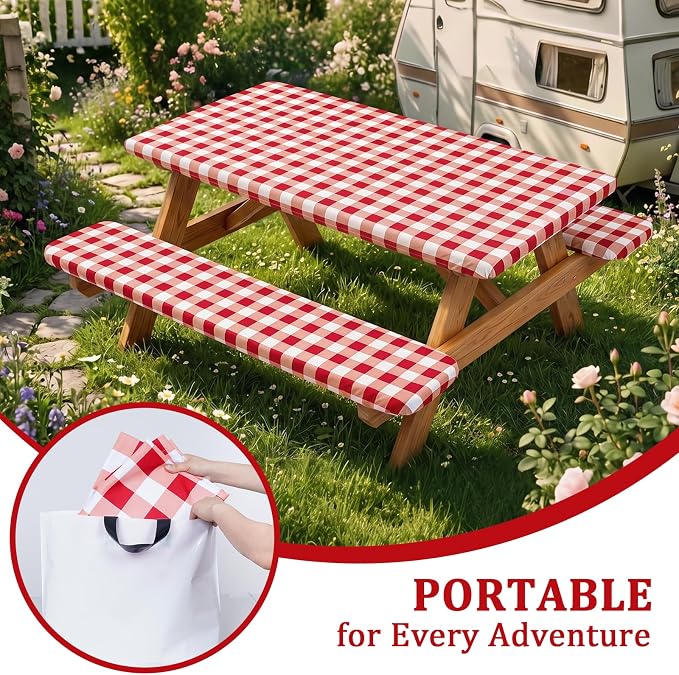 Poise3EHome Picnic Table Cover with Bench Covers, 6 Foot Fitted Elastic Tablecloth Set, Heavy Duty Polyester with TPU Waterproof Backing, Washable Outdoor Picnic Set for Camping, RV & Park(Red&White)