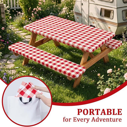 Poise3EHome Picnic Table Cover with Bench Covers, 6 Foot Fitted Elastic Tablecloth Set, Heavy Duty Polyester with TPU Waterproof Backing, Washable Outdoor Picnic Set for Camping, RV & Park(Red&White)