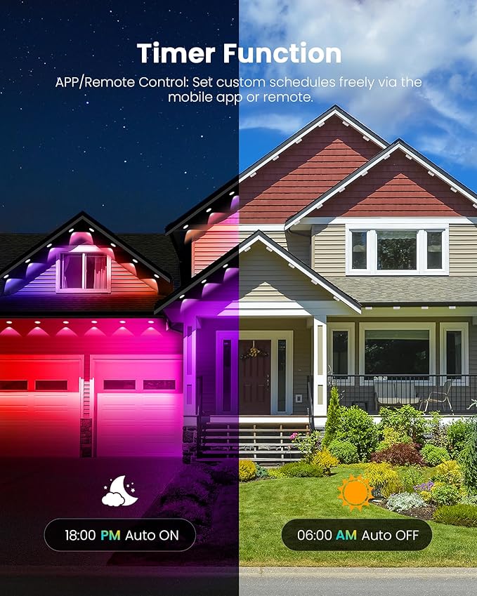 KISUFU 200FT RGB+IC Permanent Outdoor Lights, 24V Year-Round Roof & Eaves Lighting with 221 Modes, App & Remote Control, IP68 Waterproof, Smart Outside Lights for Holidays