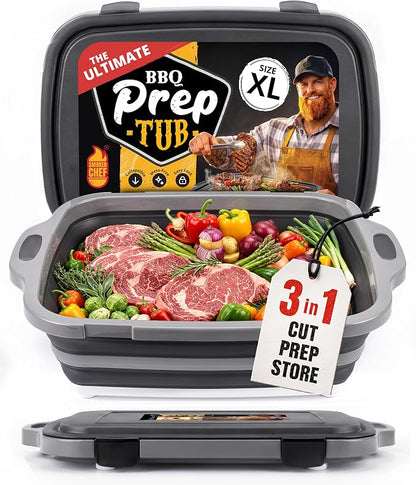 XL Collapsible BBQ Prep Tub with Lid & Cutting Board 3-in-1 by Smoker Chef - 7.9 Gal - 24"L x 17.8"W x 10"D