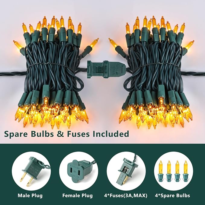 BrizLabs Gold Christmas Lights 300 Count 69.6ft Incandescent String Lights | Connectable; Warm Glow Light String; UL Certified; Xmas Mini String Light Green Wire for Indoor Outdoor Tree Holiday Party