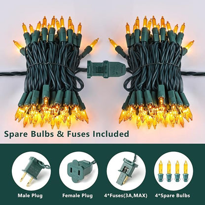 BrizLabs Gold Christmas Lights 300 Count 69.6ft Incandescent String Lights | Connectable; Warm Glow Light String; UL Certified; Xmas Mini String Light Green Wire for Indoor Outdoor Tree Holiday Party