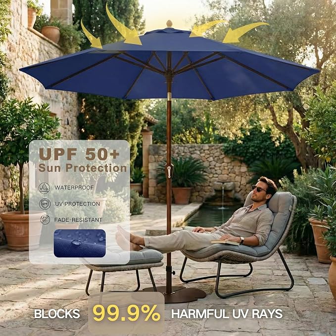 Kingdura 9FT Outdoor Patio Umbrella, Round Market Table Umbrella with Push‑Button Tilt and Crank Lift, 8 Sturdy Metal Ribs, UV50+ Protection Canopy for Backyard, Lawn, Deck, Poolside, Garden (Navy blue)
