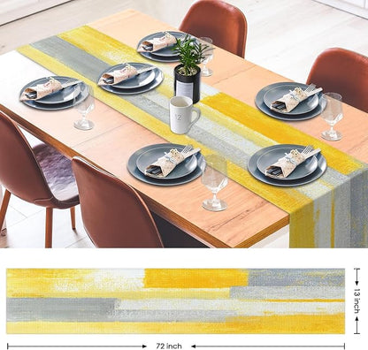 Emvency Yellow Abstract Table Runner, Modern Grey White Art Painting for Kitchen Coffee Table Family Dinners Holiday Parties Wedding Events Decor(13x72 inch)