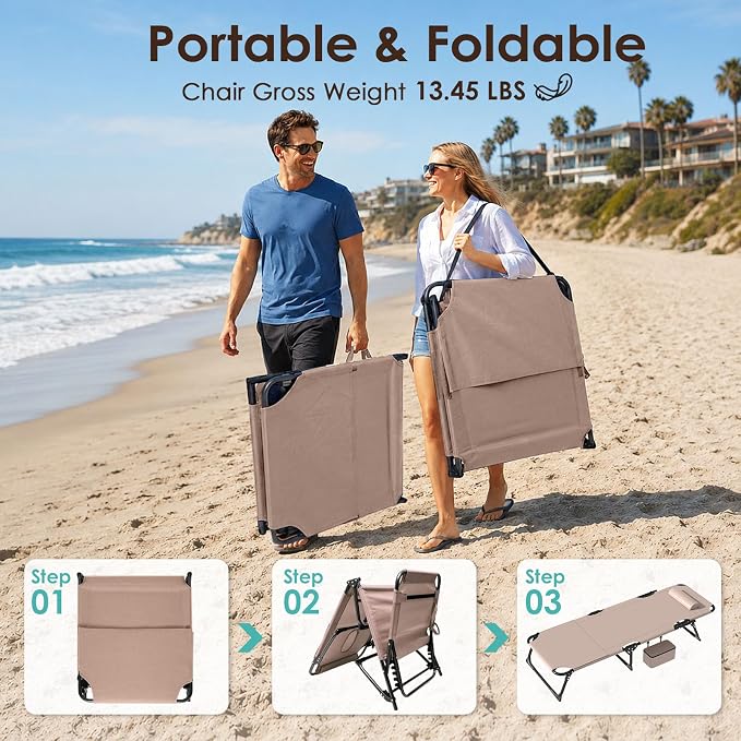 Suteck Tanning Chair with Face Hole, Folding Beach Lounge Chairs, Beige | Adjustable 5-Position Reclining Chaise, Removable Cushion & Pillow, Cooler Bag, 500Lbs Heavy-Duty for Outdoor Camping& Home