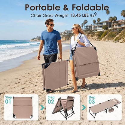 Suteck Tanning Chair with Face Hole, Folding Beach Lounge Chairs, Beige | Adjustable 5-Position Reclining Chaise, Removable Cushion & Pillow, Cooler Bag, 500Lbs Heavy-Duty for Outdoor Camping& Home