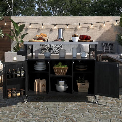 Merax 50" Outdoor Kitchen Grill Cart Island on Wheels with Stainless Steel Top,Farmhouse Style Solid Wood Frame Storage Cabinet for Party