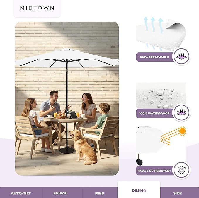 Midtown Umbrellas - 10-Year-No-Fade 9 Ft Patio Umbrella with Terylast Fabric, Auto-Tilt Aluminum Frame and 8 Reinforced Ribs for Deck, Pool, Garden & Beach - Ivory White Canopy, Black Pole