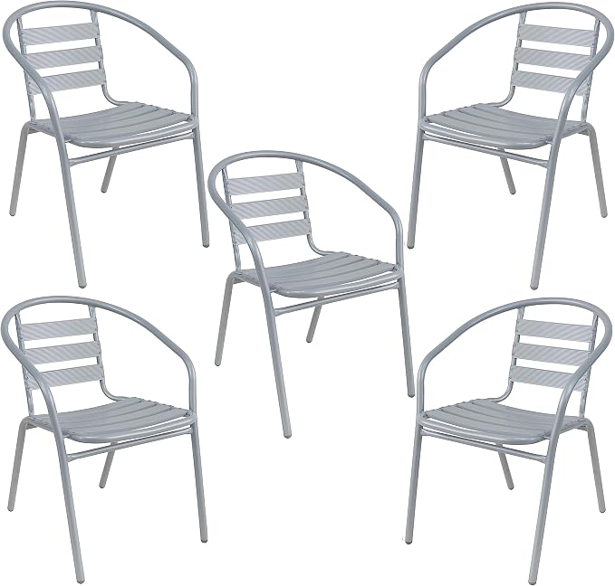 Indoor Outdoor Set of 5 Silver Gray Restaurant Metal Aluminum Slat Stack Chairs Lightweight