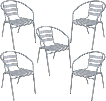 Indoor Outdoor Set of 5 Silver Gray Restaurant Metal Aluminum Slat Stack Chairs Lightweight