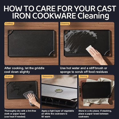 EWFEN Reversible Grill/Griddle, 16.7x9.5'' Pre-Seasoned Cast Iron Griddle Pan, Double Burner Cookware, Rectangular Non-Stick Stovetop Griddle with Handles, Flat Top Plate for Oven, Grill & Campfire