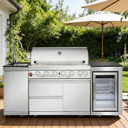 82" Modular Outdoor Kitchen Island with Grill, 6-Burner 83,500 BTU Propane BBQ Island, 304 Stainless Steel, Refrigerator, Sink & Rotisserie, for Backyard and Patio Cooking, Silver