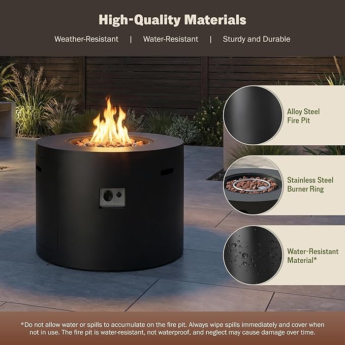 Mazatzal 32 Inch Propane Fire Pit Table, 50,000 BTU Round Gas Firepit with Lid & Cover, Alloy Steel Outdoor Fire Table for Patio, Backyard, Deck, Black