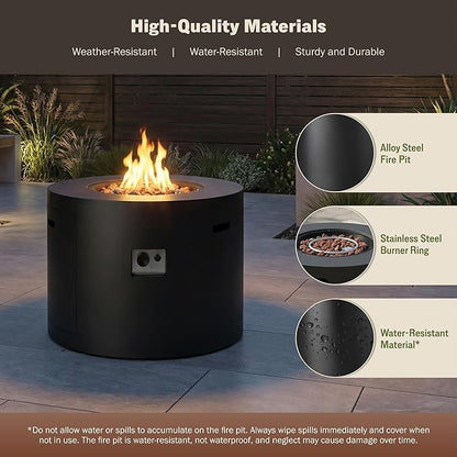 Mazatzal 32 Inch Propane Fire Pit Table, 50,000 BTU Round Gas Firepit with Lid & Cover, Alloy Steel Outdoor Fire Table for Patio, Backyard, Deck, Black