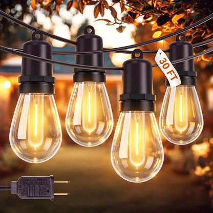 30FT Outdoor String Lights with 10+1 Shatterproof LED Bulb | Hanging Lights for Patio Weatherproof, Warm White, Connectable Lights Plug in for Party, Cafe, Bistro, Camping and Backyards