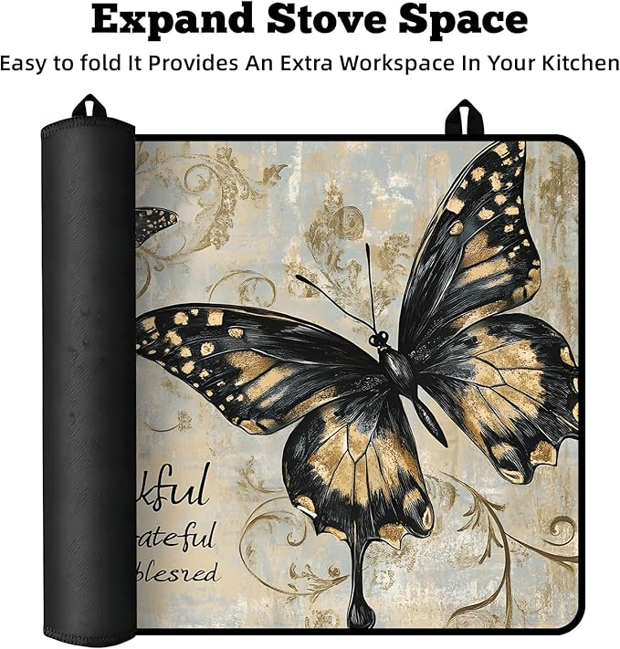 Multi-Design Stove Cover for Glass/Electric Stoves - 3-in-1 Heat-Resistant Protector Mat, Non-Slip Drying Rack 30"L x 21"W (Butterfly 1)