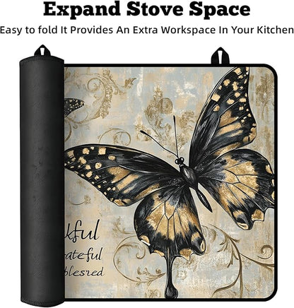 Multi-Design Stove Cover for Glass/Electric Stoves - 3-in-1 Heat-Resistant Protector Mat, Non-Slip Drying Rack 30"L x 21"W (Butterfly 1)