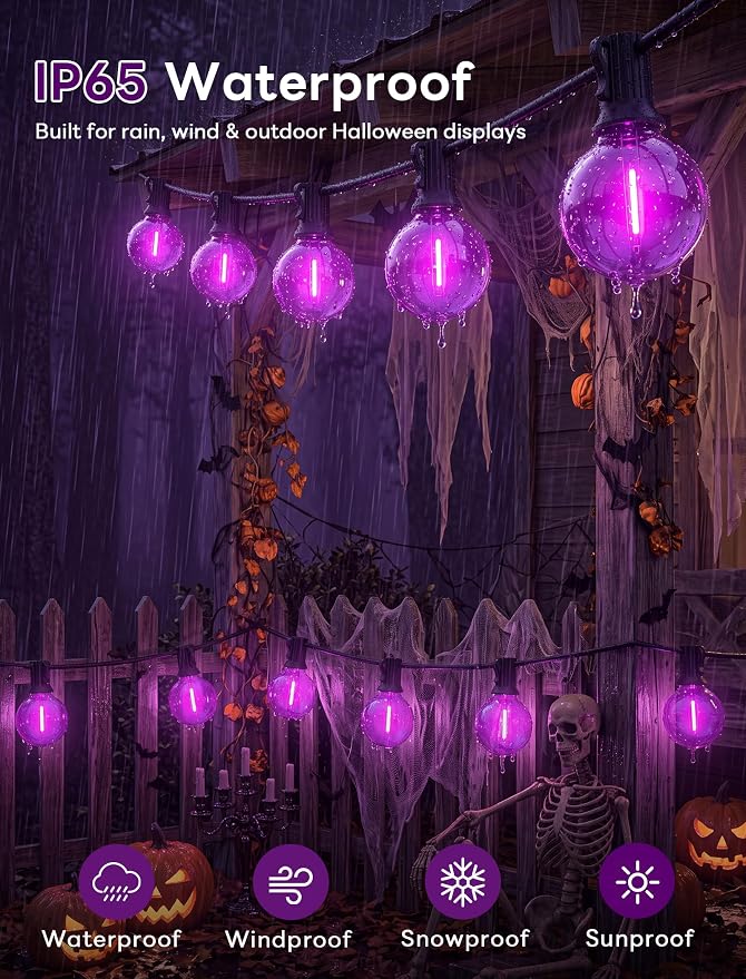 Abeja 50FT G40 Purple Halloween String Lights, Halloween Lights Outdoor with 27 Shatterproof Purple LED Bulbs(2 Spare) LED Globe Lights for Patio Balcony Backyard Pergola Decor