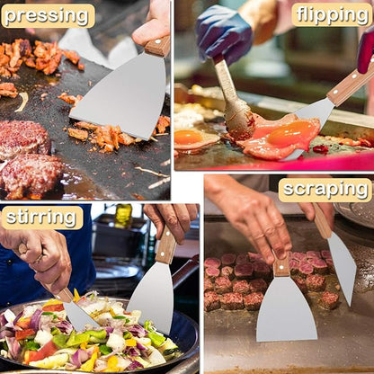 HaSteeL Wooden Griddle Scraper Set of 2, Stainless Steel Metal Grill Scrapers 9.5” for Food Service, Cleaning Supplies, Teppanyaki Flat Top BBQ Cooking, Slant Metal & 2 Hooks