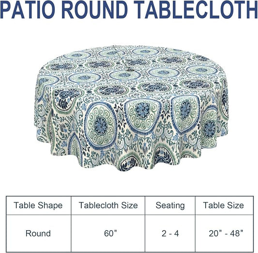 Outdoor/Indoor Round Tablecloth with Umbrella Hole Zipper, Decorative Circular Table Cover for Home Garden, 60 Inch, Celadon Wreath