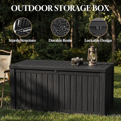 ROJIK 150 Gallon Outdoor Storage Box Waterproof,Weatherproof Deck Boxes Outdoor Lockable,Resin Outside Storage Box for Garden Tools,Cushions,Pool Accessories(Black,150 Gal)