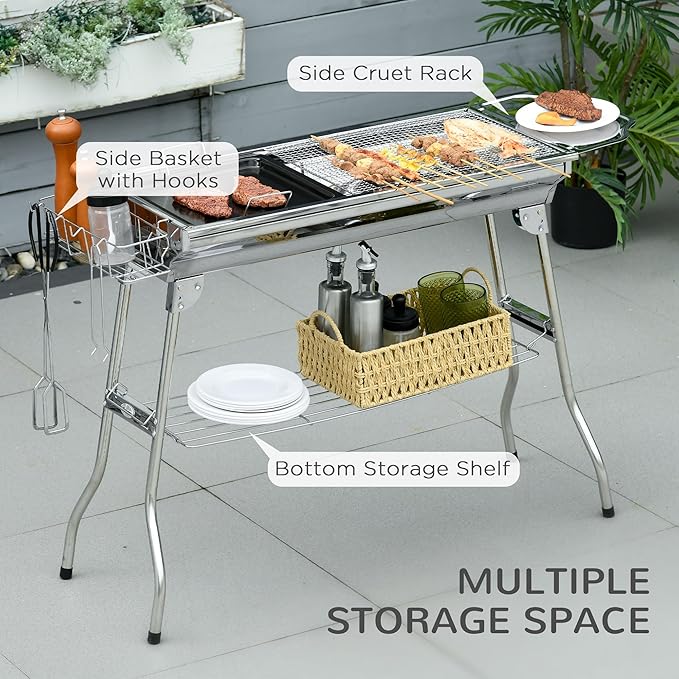 Charcoal Grill, Stainless Steel Portable Folding BBQ, Outdoor Hibachi for Backyard Cooking, Camping, Picnic, Party, Tailgating and Travel with Pan, Grill Rack, Shelves, and Hooks
