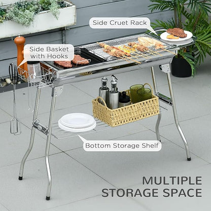 Charcoal Grill, Stainless Steel Portable Folding BBQ, Outdoor Hibachi for Backyard Cooking, Camping, Picnic, Party, Tailgating and Travel with Pan, Grill Rack, Shelves, and Hooks