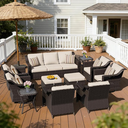 11 Piece Patio Furniture Set, Wicker Outdoor Conversation Set | Patio Chair Set with Olefin Removable Cushion, All-Weather Outdoor Couch with Deep Seat for Porch, Deck and Backyard, Beige