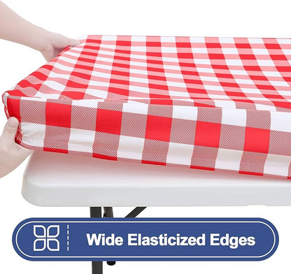 Smiry Picnic Table Cloth 2 Pack, Waterproof Elastic Fitted Tablecloths for 18x72 Rectangle Tables, Washable Polyester Buffalo Plaid Tablecloth for Camping, Dining & Outdoor (Red & White, 18" x 72")