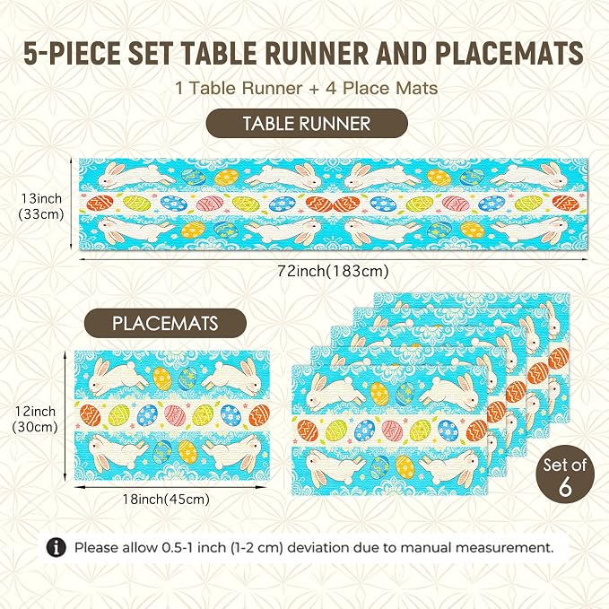 Nuxovilar Tablerunner and Placemats Set of 7 Blue Pattern Easter Bunny & Egg Design Linen Square Placemats for Dining Dining Sets and Accessories Easter Party, Family Meal, Kids