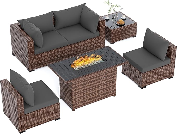 UDPATIO Patio Furniture Set with Fire Pit Table, 5 Piece Outdoor Sectional Sofas, All-Weather Wicker Conversation for Garden, Backyard, Grey