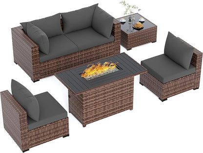UDPATIO Patio Furniture Set with Fire Pit Table, 5 Piece Outdoor Sectional Sofas, All-Weather Wicker Conversation for Garden, Backyard, Grey