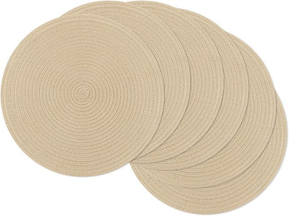SHACOS 15 inch Round Braided Placemats Set of 6 Cotton Polyester Heat Resistant Table Mats Washable Place Mats for Dinner Party Table Decoration (Light Beige, 6)