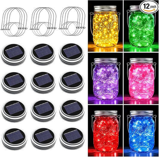 Mason Jar Solar Lights for Outside, 12 Pack 30LED(NO Jars) Fairy Firefly Lights Mason Jar Solar Lids Outdoor Waterproof String Lights with Hangers for Patio Garden Yard Lawn Decor(6 Colors)