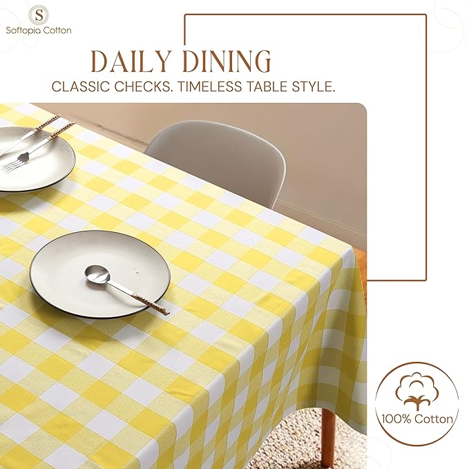 Lemon Yellow and White Buffalo Check Tablecloth, 60x84 Inches, Plaid Dining Table Cover, 100% Cotton, Washable, Reusable Table Linen for Holiday Gatherings, Wedding and Everyday Décor