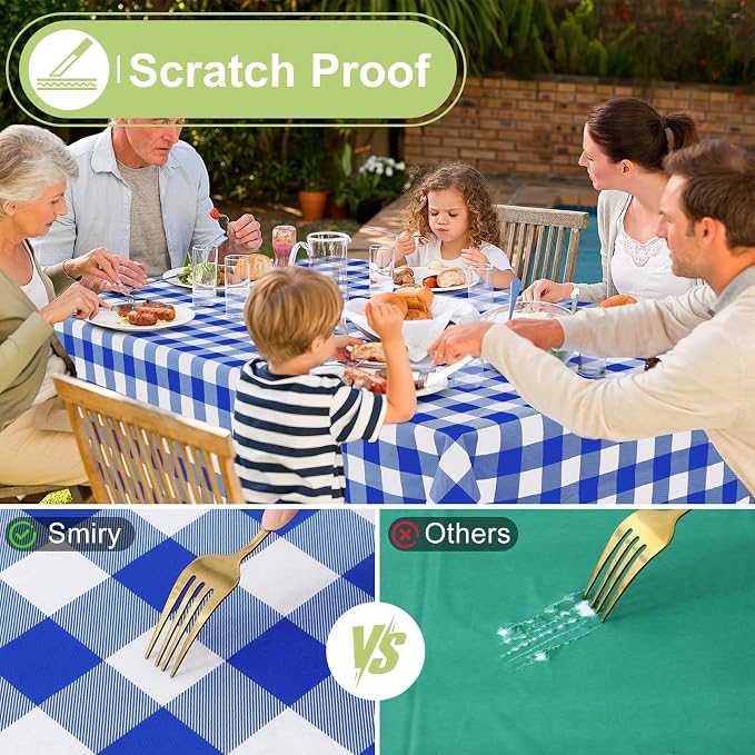 Smiry Picnic Table Cloth, Vinyl Tablecloths with Flannel Backing, 60"x120" | Waterproof Rectangle Table Cloth, Wipeable Buffalo Plaid Table Cover for Indoor and Outdoor (Blue & White)