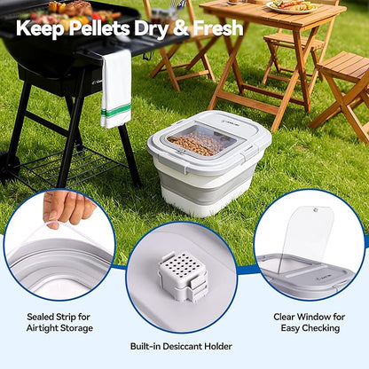 Wood Pellet Storage Container 20-25lbs, Airtight Bin with Locking Lid & Clear Window, Collapsible Pellet Bucket with Wheels, Scoop & Labels, Gray