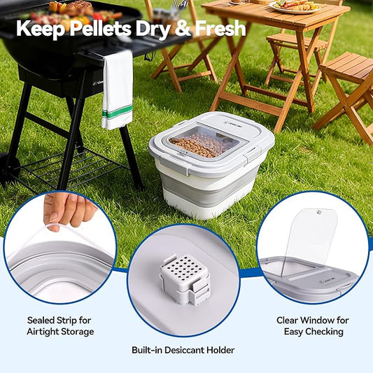Wood Pellet Storage Container 20-25lbs, Airtight Bin with Locking Lid & Clear Window, Collapsible Pellet Bucket with Wheels, Scoop & Labels, Gray